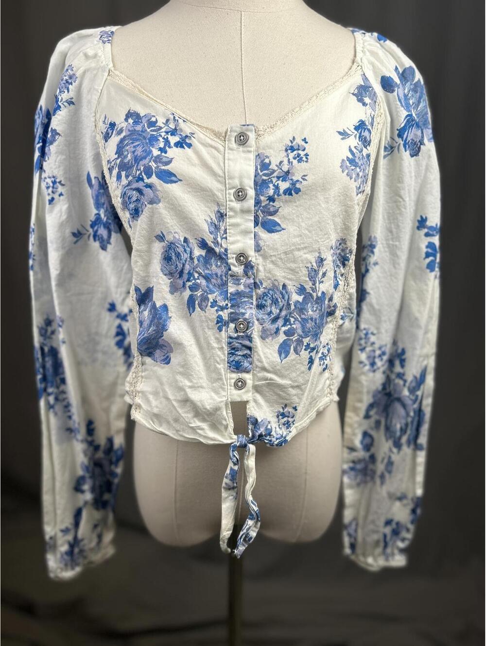 Wild Fable Womens Blue Floral Peasant Cottage Coquette Boho Blouse Size S